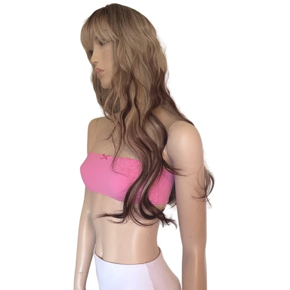 Long 26" Blonde & Brown Synthetic Wig with Bangs Streak Highlights Everyday NIP - Picture 7 of 13
